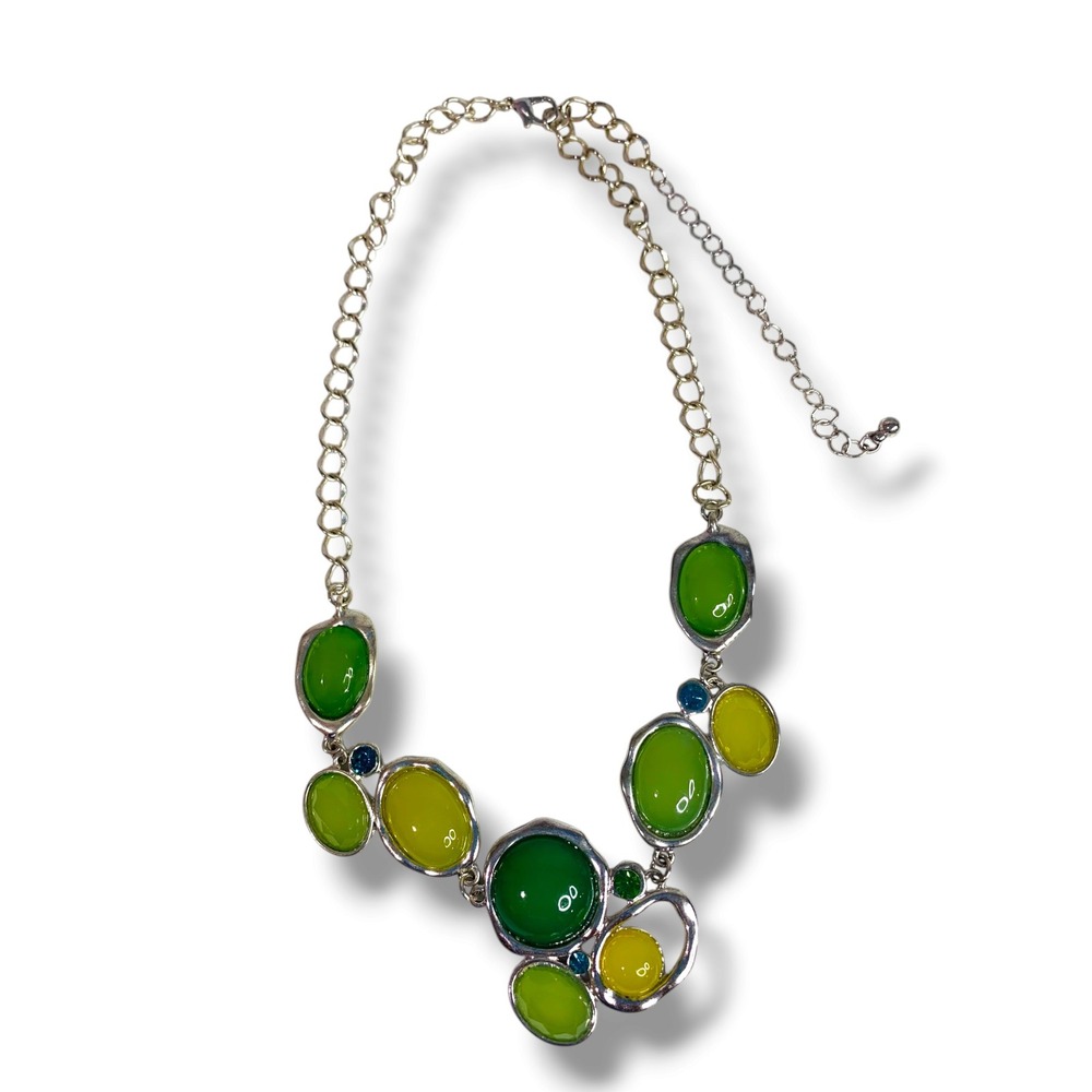 Silvertone Green Statement Bib Necklace 17" + 3" Extender